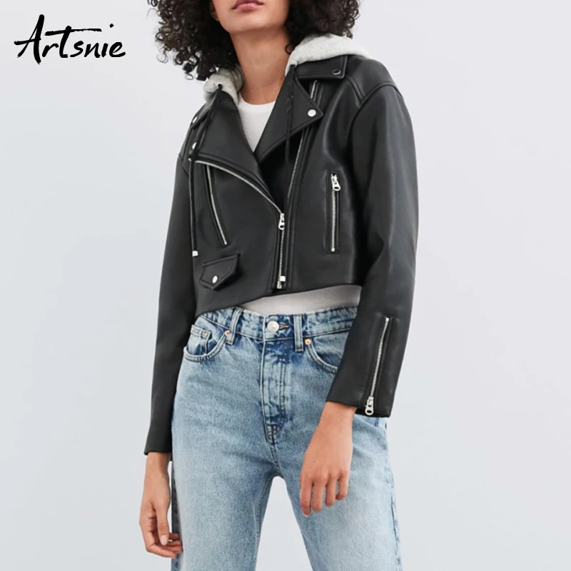 Artsnie black casual leather pu jacket women hooded long sleeve pockets streetwear Motorcycle jackets Jaquetas Feminina 2019
Artsnie black casual leather pu jacket women hooded long sleeve pockets streetwear Motorcycle jackets Jaquetas Feminina 2019