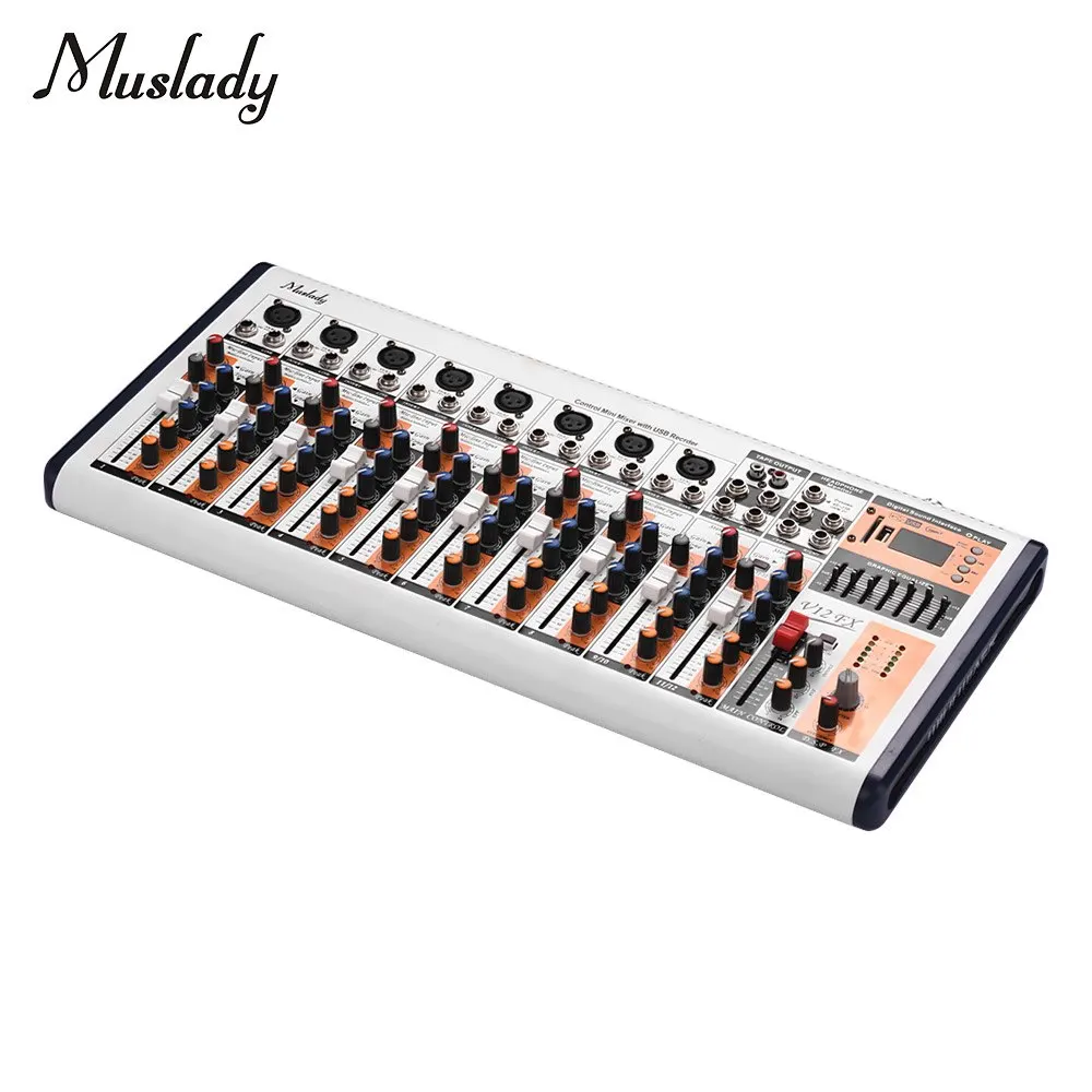Muslady V12-FX 12-Channel Portable Mixing Console Mixer Built-in 16 DSP Effects +48V Phantom Power Supports BT Connection 
Muslady V12-FX 12-Channel Portable Mixing Console Mixer Built-in 16 DSP Effects +48V Phantom Power Supports BT Connection