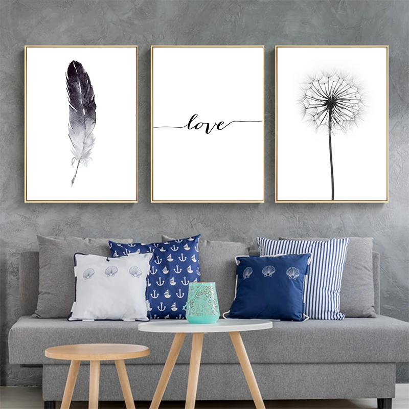 Black-and-White-Dandelion-Feathers-Poster-and-Print-Letter-Love-Wall-Art-Canvas-Painting-Home-Picture (2)