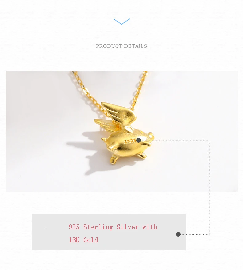 Qevila 2019 Hot Original Design Flying Sweet Pig Necklace Pendant 925 Sterling Silver 18k Gold for Women Couple Unique Gift Boho (15)