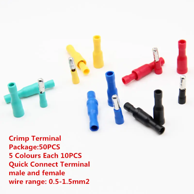 50PCS/LOT T002 Crimp Terminal Wire Connector 5 Colours Quick Connect Terminal male and female wire range 0.5-1.5mm2
50PCS/LOT T002 Crimp Terminal Wire Connector 5 Colours Quick Connect Terminal male and female wire range 0.5-1.5mm2