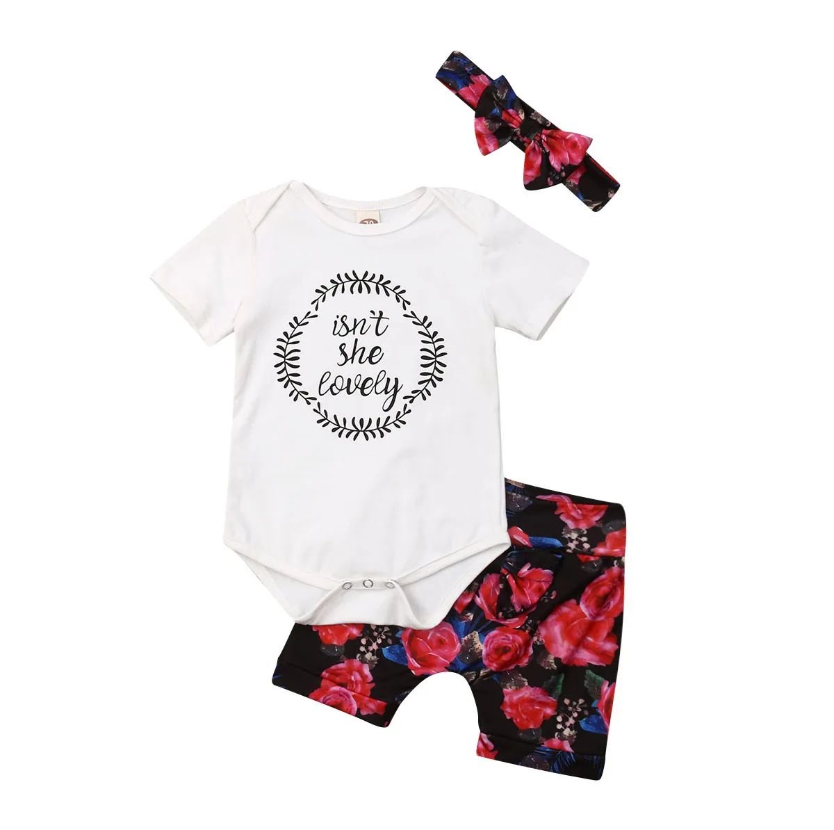 3Pcs Toddler Girls Romper Outfits Isn't She Lovely Print White Short Sleeve Bodysuit Tops+ Short Pant +Bowknot Headband
3Pcs Toddler Girls Romper Outfits Isn't She Lovely Print White Short Sleeve Bodysuit Tops+ Short Pant +Bowknot Headband