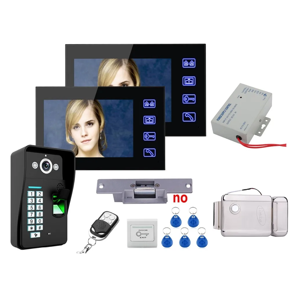Home Security 7" TFT 2 Monitors Fingerprint Recognition Video Door Phone Intercom System kit + Electric Strike Lock+ Remote
Home Security 7" TFT 2 Monitors Fingerprint Recognition Video Door Phone Intercom System kit + Electric Strike Lock+ Remote