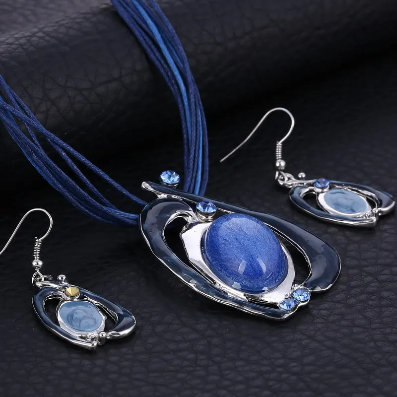 

ZOSHI Fashion Jewelry Set Enamel Silver Pendant Jewelry Sets Leather Rope Chan Drop Geometry Choker Gem Necklace Earrings Set