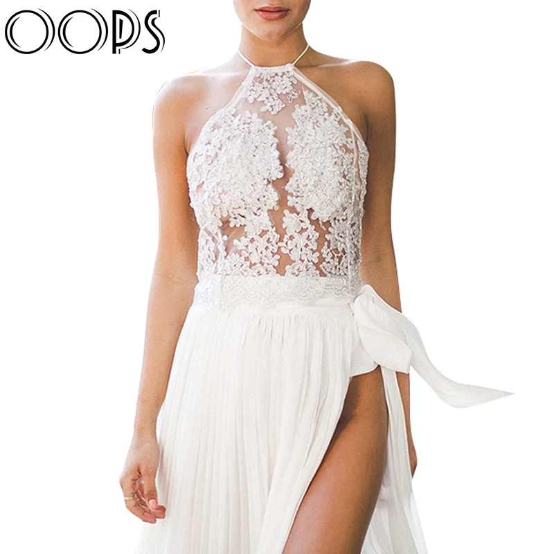 OOPS Backless Metallic Mesh Lace Short Crop Top w/ Halter White/Gold