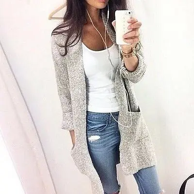 

2016 Sweaters Women Fashion Solid Knit Cardigans Sweater Ladies Long Knitted Sweaters Skirted Outwear Coat Gray Camel Color