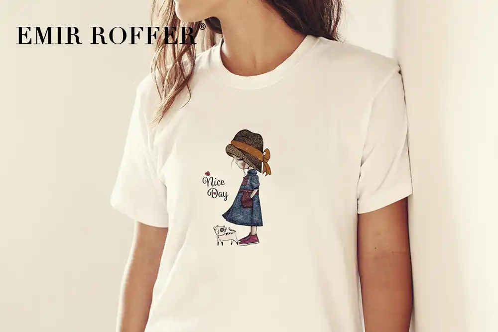 エミール Roffer ファッションガールプリント Tシャツ女性かわいいかわいいシャツの女性ヴィンテージグラフィック綿白 Tシャツ夏トップス Gooum