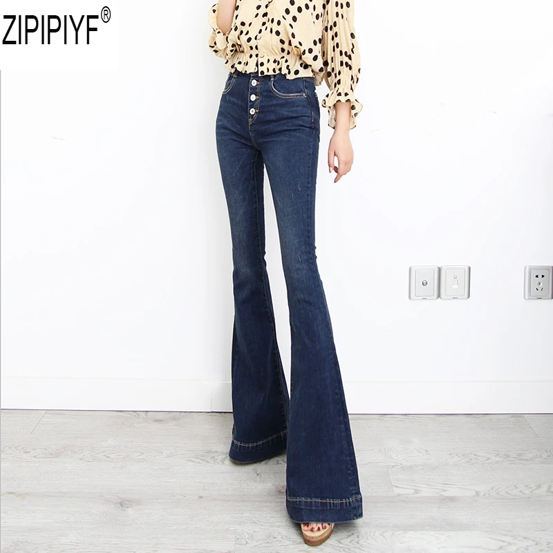 2018 new fashion spring and autumn big flared pants stretch large size S-6XL high waist bell buttons women's jeans C2019 |