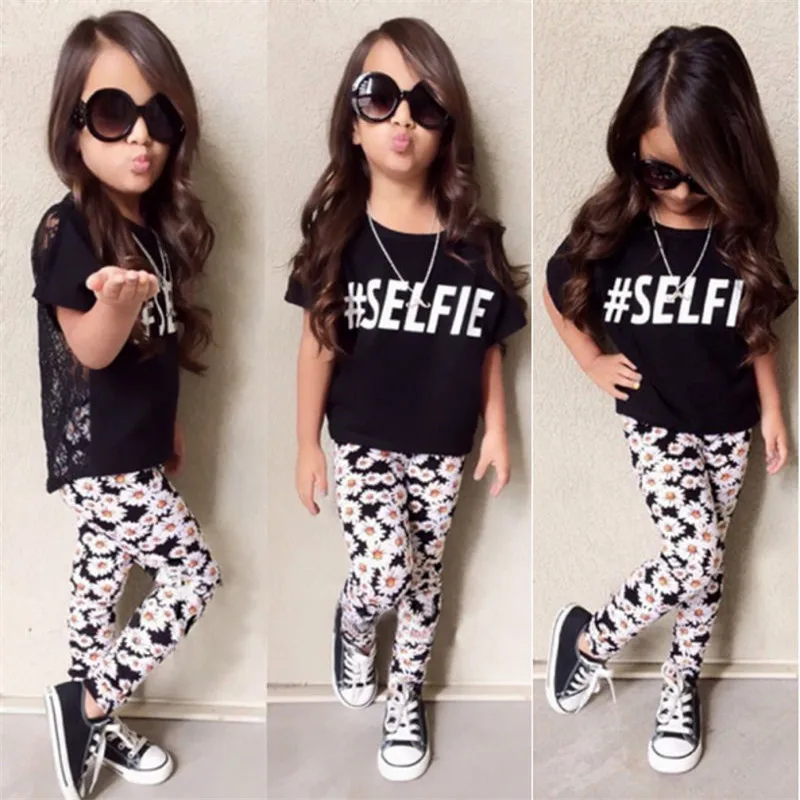 Flower Girls Baby Summer Clothes Sets Short Sleeve Black Tops Lace Back T-shirt+Floral Long Pants Little Lady Fashion Summer Set
Flower Girls Baby Summer Clothes Sets Short Sleeve Black Tops Lace Back T-shirt+Floral Long Pants Little Lady Fashion Summer Set