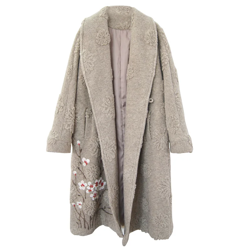 High Quality Cashmere Coat 2018 Woman Autumn Winter Thick Wool Coat Chinese Vintage Long Loose Beige Embroidery Coat Plus Size
High Quality Cashmere Coat 2018 Woman Autumn Winter Thick Wool Coat Chinese Vintage Long Loose Beige Embroidery Coat Plus Size