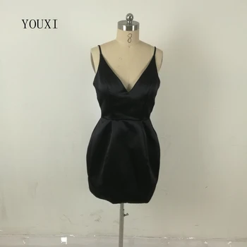 YOUXI Sexy V Neck Spaghetti Strap Black Satin Mini Dresses