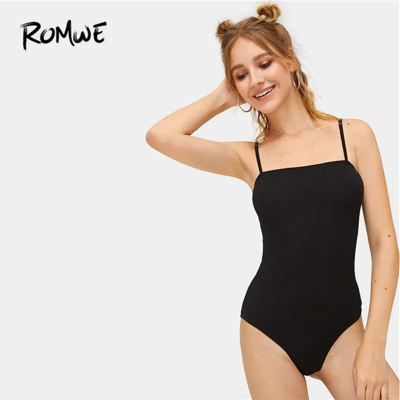 

ROMWE Women Black Ribbed Knit Skinny Sexy Cami Bodysuits 2019 Summer Spaghetti Strap Mid Waist Stretchy Solid Bodysuits