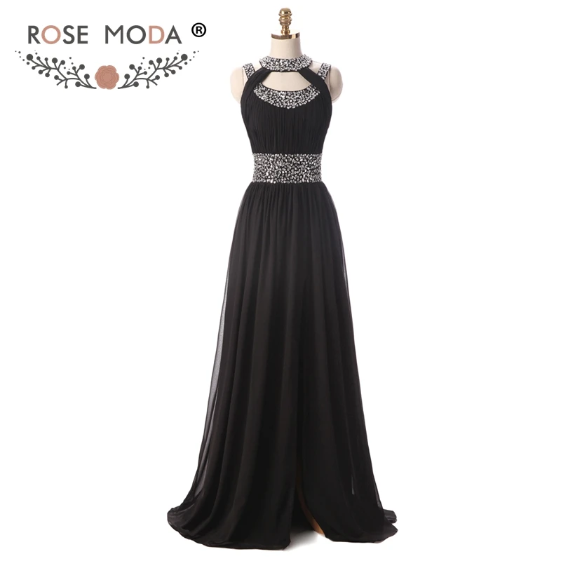 Женское вечернее платье с блестками Rose Moda черное лямкой на шее и разрезом спереди