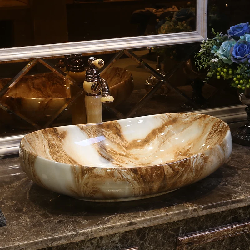 Oval Imitation marble Europe style chinese washbasin sink Jingdezhen Art Counter Top ceramic bathroom sink wash hand basin (23)