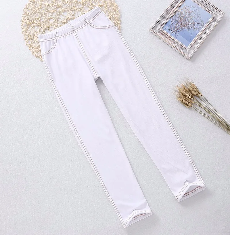 SheeCute New Spring Summer Fashion Girls Pencil knit Imitation denim fabric Jeans Kids Candy Colore Mid Waist Full Length pants 17