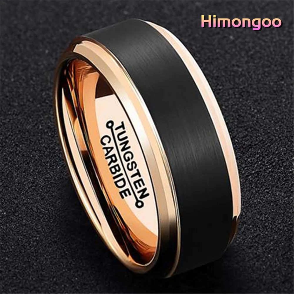 HIMONGOO 8MM Rose Gold Mens Tungsten Carbide Ring Wedding Band Middle Black Wire Brushed Engagement Anniversary Gift | Украшения и