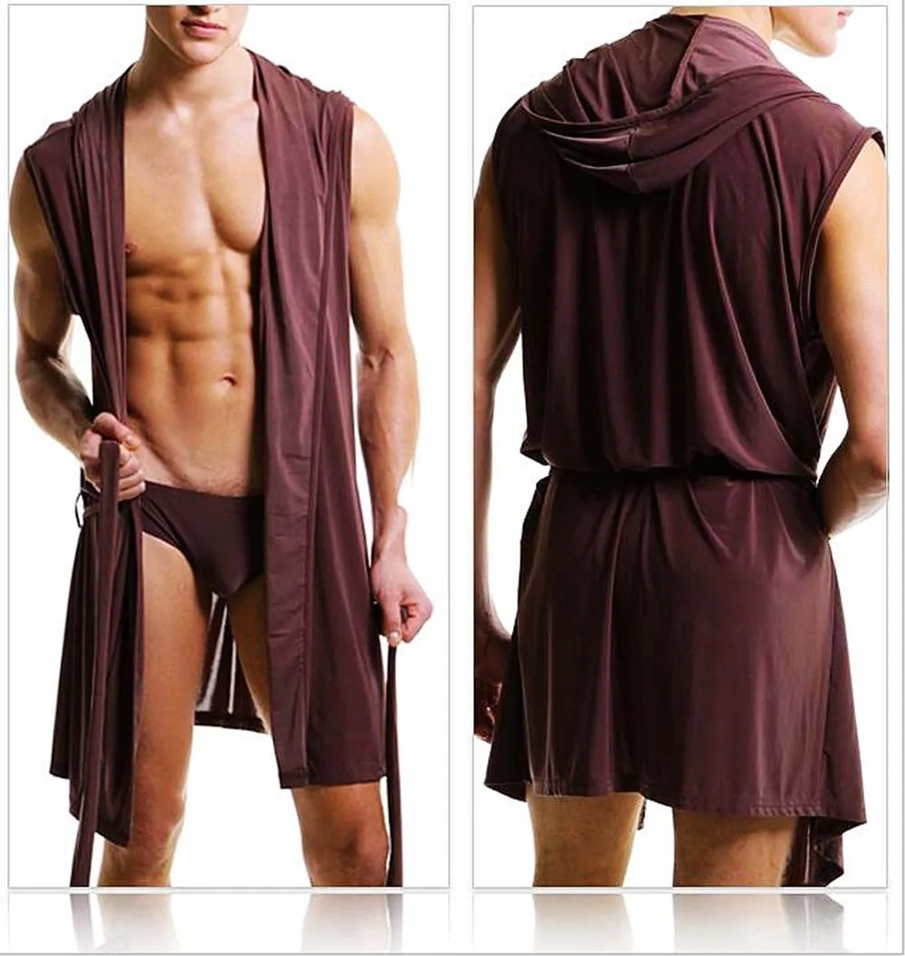 Men S Underwear Leisure Lounge Robe Hooded Sexy Silk Soft Gown Pajamas