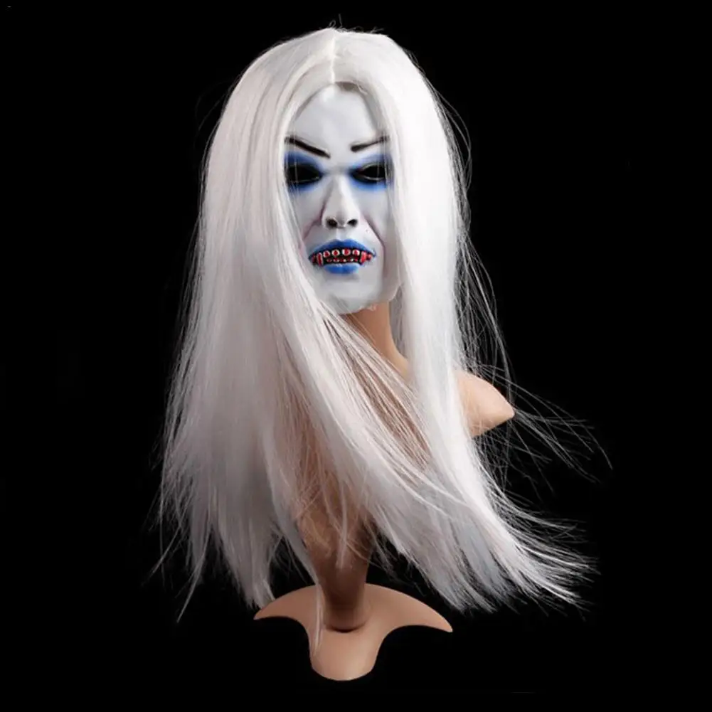 

Halloween Woman Zombie Mask Masquerade Horror Scary Thriller Mask Party Props White Hair Sharp Tooth Witch Mask