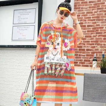 Thai street fashion color striped hooded perspective sun protection clothing lazy wind sequins printed short-sleeved dress
Thai street fashion color striped hooded perspective sun protection clothing lazy wind sequins printed short-sleeved dress