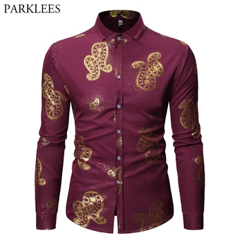 Shiny Gold Paisley Floral Print Long Sleeve Shirt for Men 2019 New Slim Fit Dress Shirts Mens Party Wedding Chemise Wine Red
Shiny Gold Paisley Floral Print Long Sleeve Shirt for Men 2019 New Slim Fit Dress Shirts Mens Party Wedding Chemise Wine Red