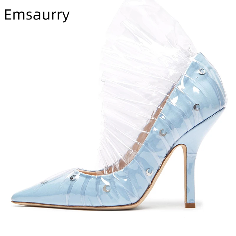 European Style Polka Dot High Heel Shoes Woman Luxury Satin Ruffles PVC Transparent Pointed Toe Party Shoes Fairy Pumps Women
European Style Polka Dot High Heel Shoes Woman Luxury Satin Ruffles PVC Transparent Pointed Toe Party Shoes Fairy Pumps Women