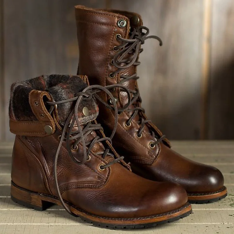 Retro Mens PU Leather Motorcycle Ankle Boots Military Lace Up Cowboy Punk Shoes Plus Over Size A59 | Обувь