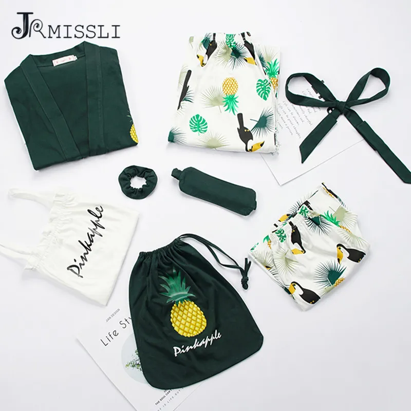 JRMISSLI Autumn 7 Pieces Set Cotton Pineapple Women Pajamas Full Shorts Long Sleeve Top Elastic Waist Pants Silk Lounge Robe
JRMISSLI Autumn 7 Pieces Set Cotton Pineapple Women Pajamas Full Shorts Long Sleeve Top Elastic Waist Pants Silk Lounge Robe