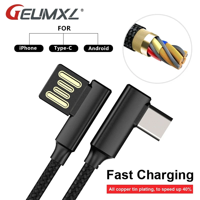 

Braided 90 Degree Right Angle IOS / Type C / Micro USB Fast Data Sync Charger Cable High Speed Certified Cell Phone Accessories