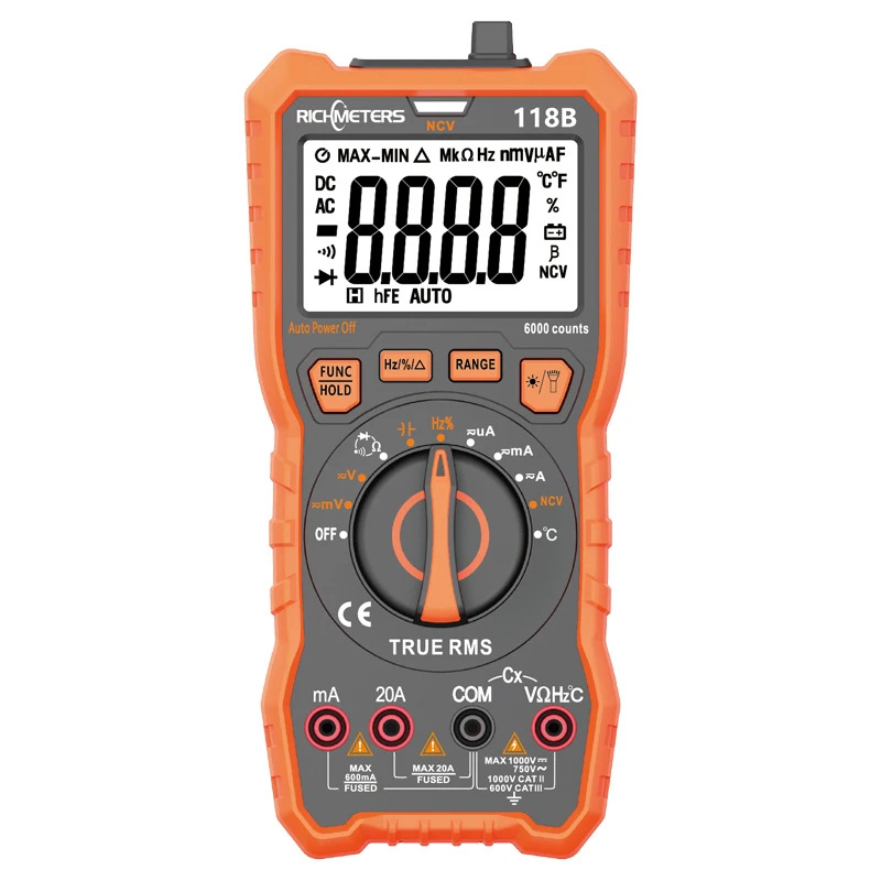 RM118B 20A Digital Multimeter Auto-Ranging 6000 Counts NCV True-RMS 100mF capacitance Magnet AC/DC Voltage Current Temperature
RM118B 20A Digital Multimeter Auto-Ranging 6000 Counts NCV True-RMS 100mF capacitance Magnet AC/DC Voltage Current Temperature