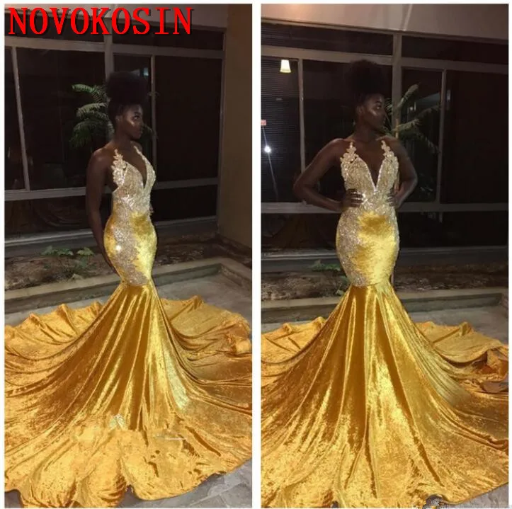 2019 Black Girls Halter Mermaid Gold Long Prom Dresses Lace Applique Backless Sweep Train Formal Party Evening Dresses
2019 Black Girls Halter Mermaid Gold Long Prom Dresses Lace Applique Backless Sweep Train Formal Party Evening Dresses