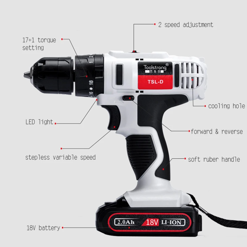 Toolstrong 18V Household DIY Woodworking Lithium Battery Cordless Drill Screwdriver Power Tools Electric Drill Power TSL-D01
Toolstrong 18V Household DIY Woodworking Lithium Battery Cordless Drill Screwdriver Power Tools Electric Drill Power TSL-D01