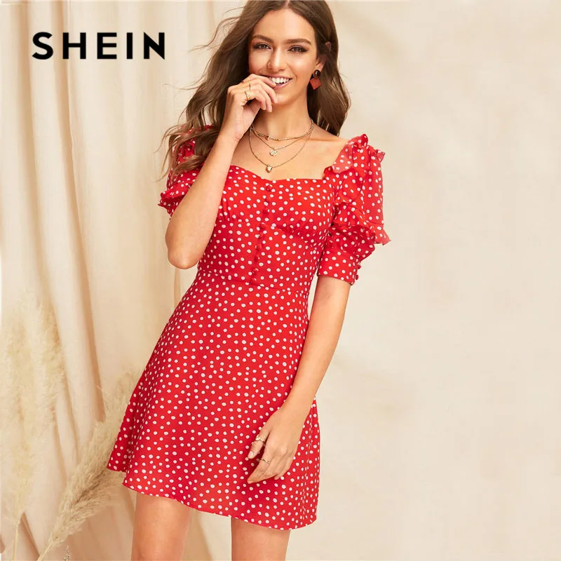 SHEIN Lady Red Sweetheart Square Neck Ruffle Trim Polka Dot Dress Summer Casual High Waist Puff Sleeve A Line Mini Dress
SHEIN Lady Red Sweetheart Square Neck Ruffle Trim Polka Dot Dress Summer Casual High Waist Puff Sleeve A Line Mini Dress