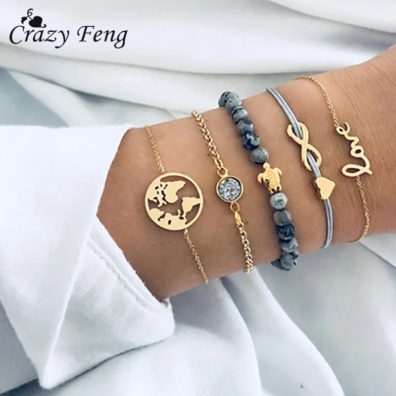 

Crazy Feng Vintage Boho Turtle Strand Beads Bracelets Bangles For Men Women Natural Stone Link Chain Bracelet Set feminina Gift