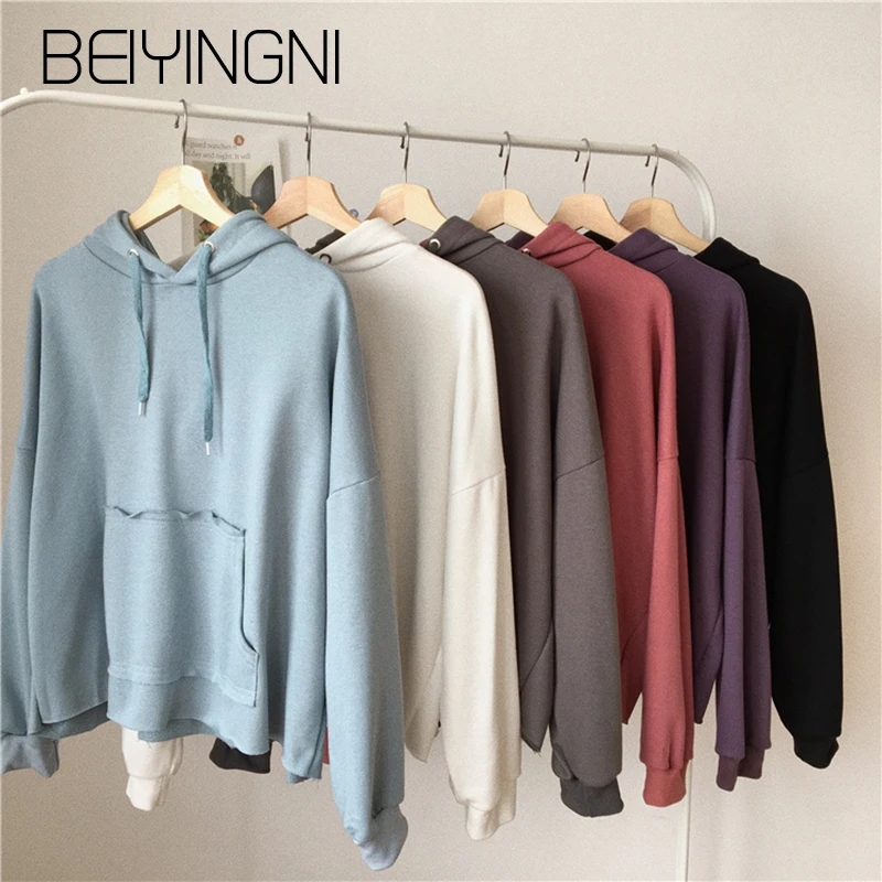 Beiyingni Кофты для женщин Мода Винтаж осень с капюшоном Drawstring бойфренды свободные