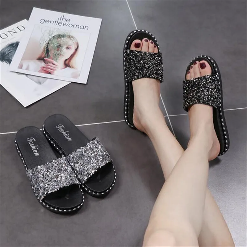 Weoneit/Лидер продаж Летние женские шлепанцы блестящие со стразами мягкие домашние