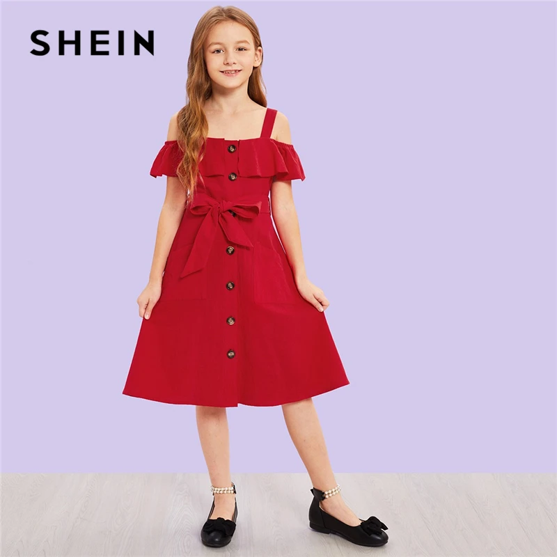 

SHEIN Kiddie Ruffle Button Cold Shoulder Belted Cute Girls Dress 2019 Summer Sleeveless A Line Kids Dresses For Girls Clothing