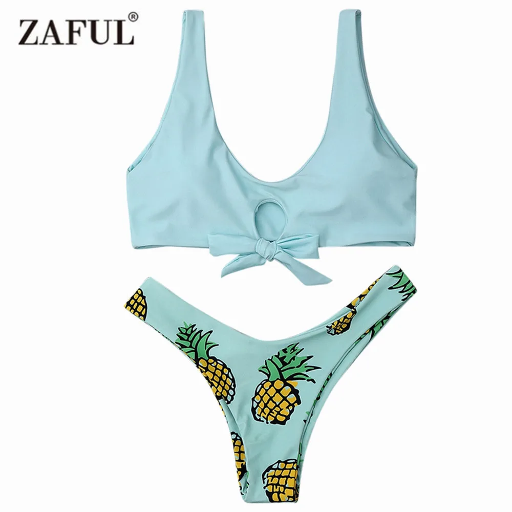 

ZAFUL 2019 Women New Pineapple Print Thong Bottom Bikini Set Summer Sexy Swimwear Spaghetti Straps Swimsuit Colorful Biquini