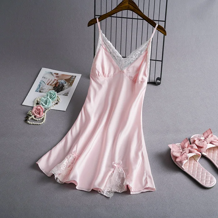 

Rayon Satin Nightdress Women Sexy Sleepwear Negligee 2019 Summer Nightgown Lace Trim Night Shirt Mini Home Dress Nighty M-XL