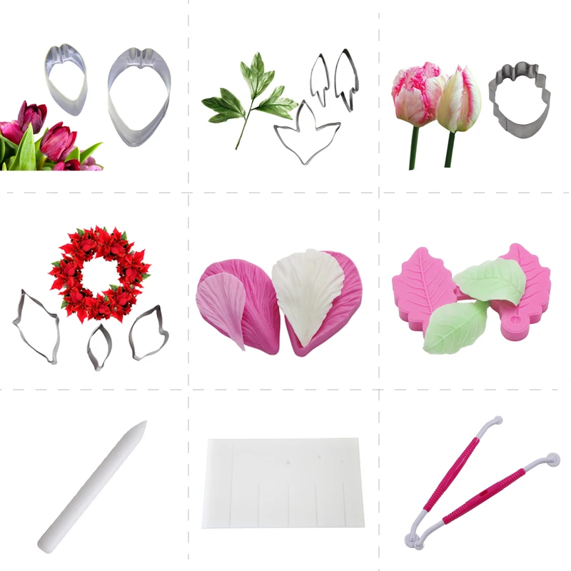 Image 9 sets 16 pcs fondant cake board tools silicone molds,dessert cake decorating flower stainless steel cutters sets,free shipping