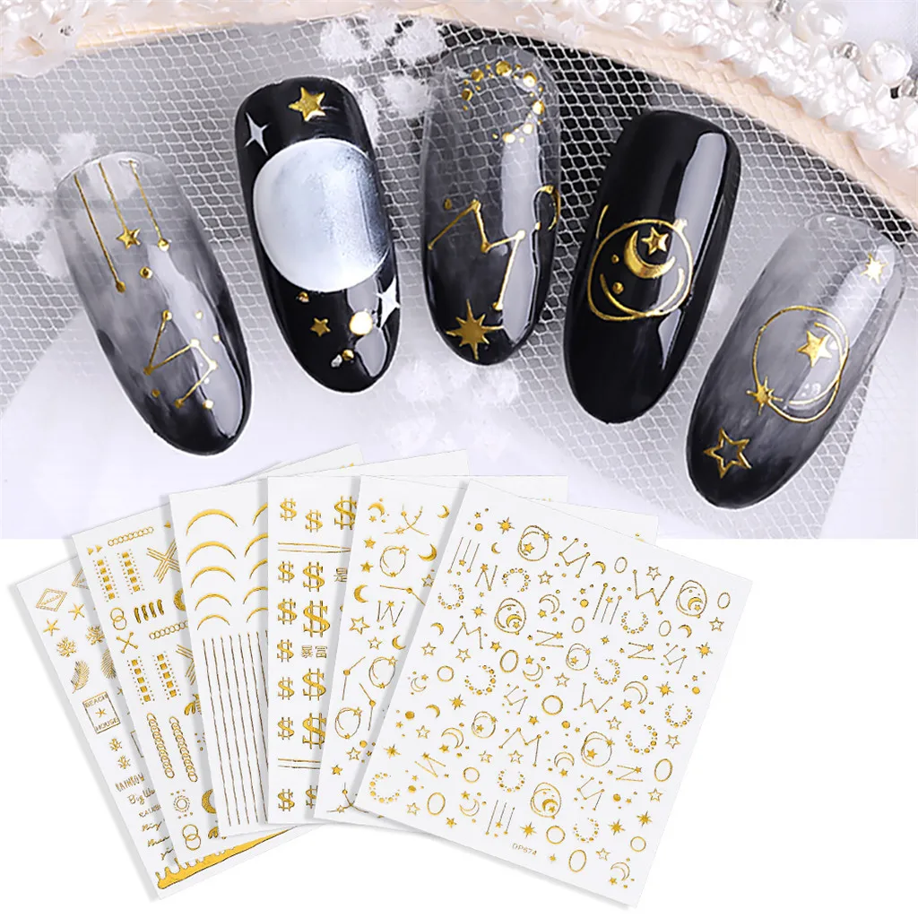 6 Styles Starry Moon 3D Nail Stickers Striped Lines Feather Series Gold Sticker Nail Art DIY Manicure nagel stickers Decoration
6 Styles Starry Moon 3D Nail Stickers Striped Lines Feather Series Gold Sticker Nail Art DIY Manicure nagel stickers Decoration