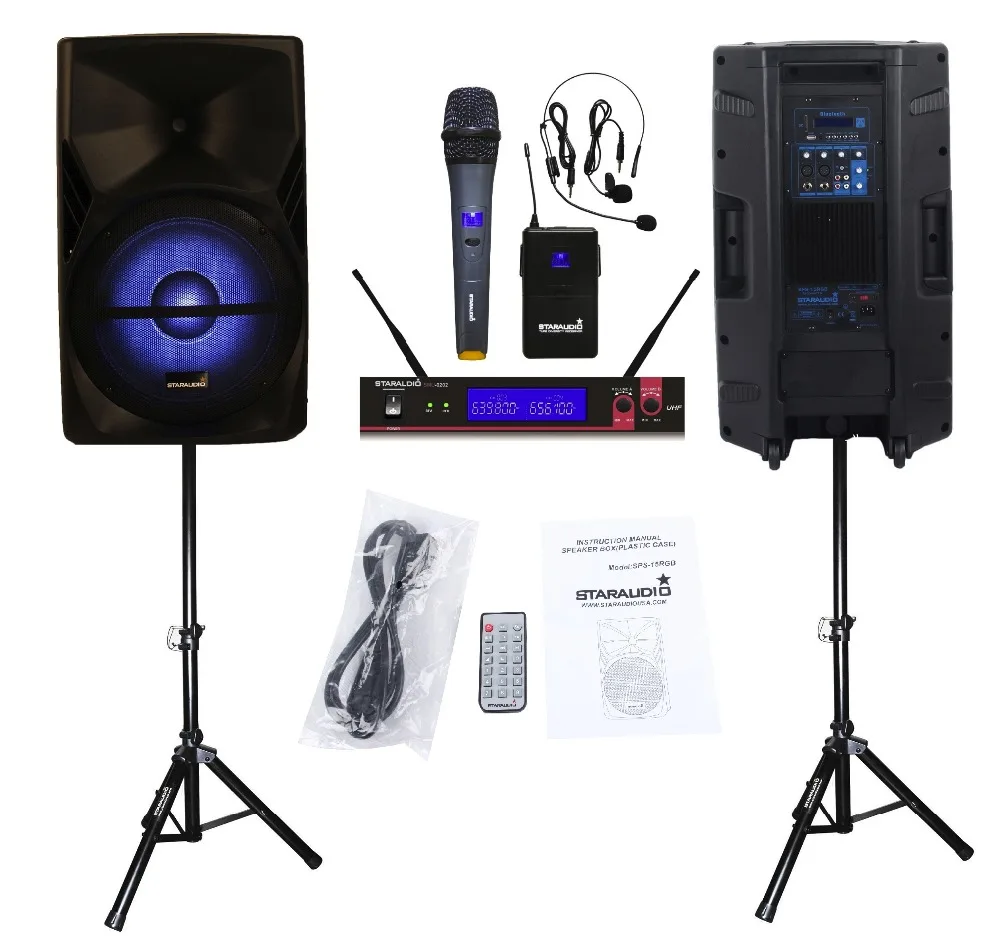 STARAUDIO SPS-15RGB Pair 15" 3500W PA DJ Stage Karaoke Powered Active MP3 SD FM BT Speakers W/ LED Lighting Stands Mic
STARAUDIO SPS-15RGB Pair 15" 3500W PA DJ Stage Karaoke Powered Active MP3 SD FM BT Speakers W/ LED Lighting Stands Mic