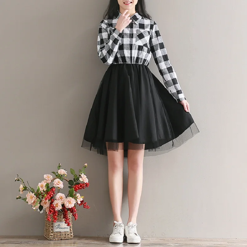 Mori Girl Spring Autumn Women Cute Dress Turn Down Collar Plaid Female Vestidos Elegant Patchwork Mesh Sweet Princess Dresses
Mori Girl Spring Autumn Women Cute Dress Turn Down Collar Plaid Female Vestidos Elegant Patchwork Mesh Sweet Princess Dresses