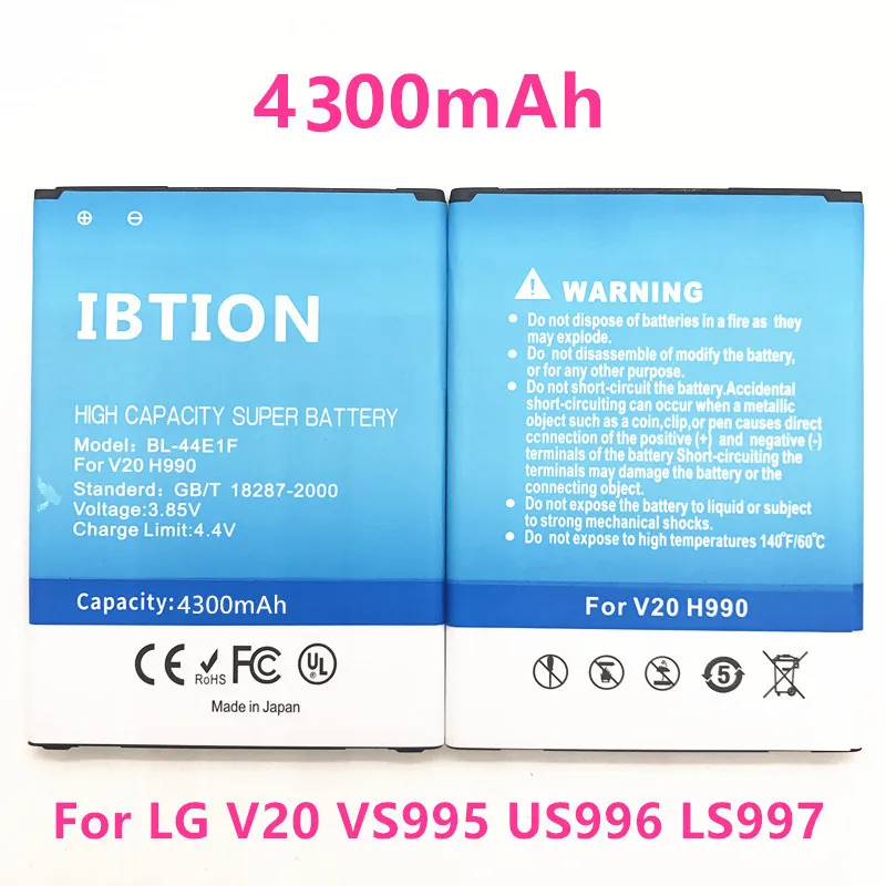 IBTION 4300mAh BL-44E1F BL44E1F Battery for LG V20 VS995 US996 LS997 H990DS H910 H918
IBTION 4300mAh BL-44E1F BL44E1F Battery for LG V20 VS995 US996 LS997 H990DS H910 H918