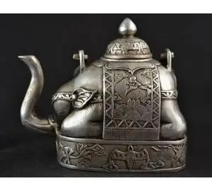 

Old Tibetan Old Collectibles Decorated Handwork Miao Silver Carve Elephant Lucky Big Tea Pot decoration bronze factory outlets