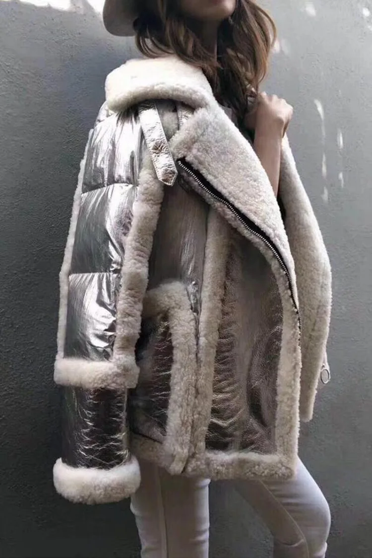 genuine leather and fur duck down coat silver (2)