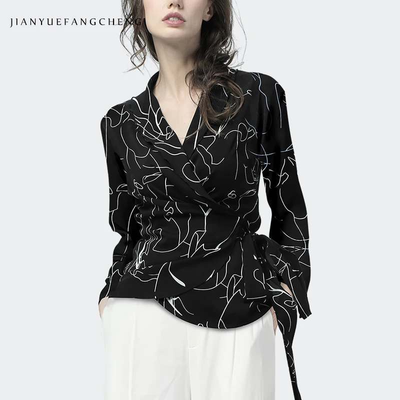 Ladies Blouse Elegant Irregular Carve Printed Long Sleeve V-Neck Top With Sashes Tie Up Cardigan Sexy Slim Spring Summer Blouses
Ladies Blouse Elegant Irregular Carve Printed Long Sleeve V-Neck Top With Sashes Tie Up Cardigan Sexy Slim Spring Summer Blouses