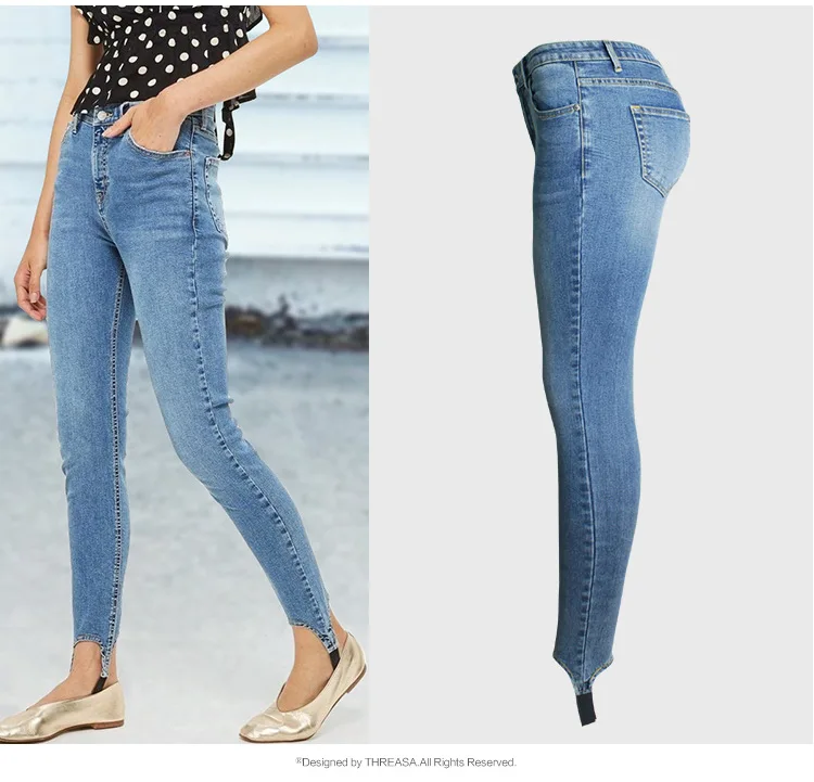 Step on Foot Slim Jeans para mujeres de cintura alta Jeans Woman Blue Denim Pencil Pants estiramiento de cintura para mujeres