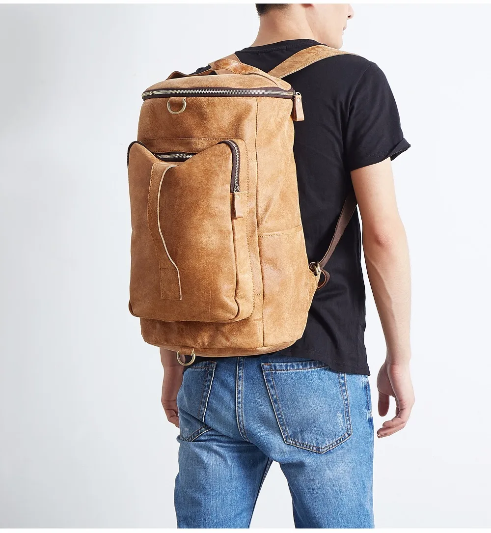 Modellausstellung des zylindrischen Woosir-Rucksacks aus echtem Leder