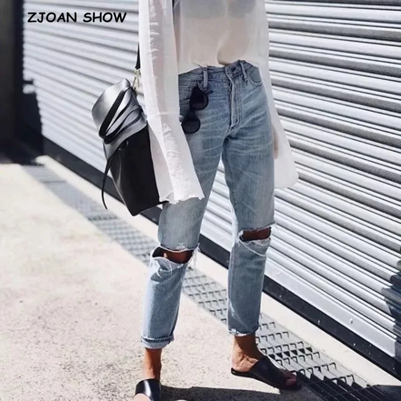 2019 New Boyfriend Style High waist Knee Hollow Out Hole Light blue Denim Jeans Vintage Ankle-length Harem Pants Casual Trousers
2019 New Boyfriend Style High waist Knee Hollow Out Hole Light blue Denim Jeans Vintage Ankle-length Harem Pants Casual Trousers