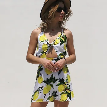 

Sweet Tropical Fruit Print Tie Up Rompers Women Summer Deep V Neck Jumpsuits 2019 Backless Playsuit for Women Clothing